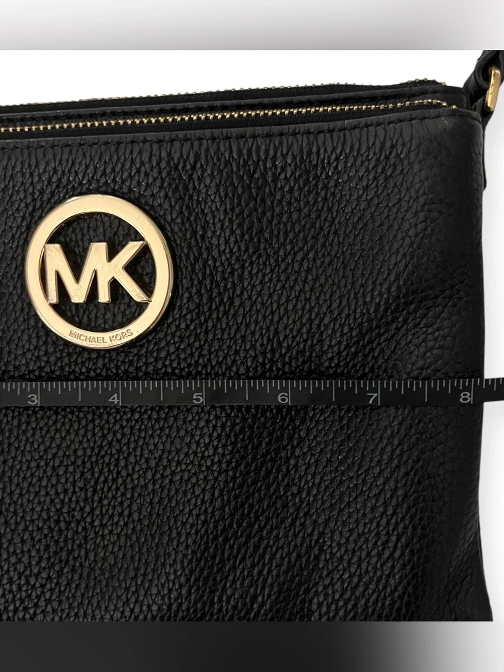 Michael Kors Black Leather Crossbody Purse Fulton Pebbled Gold Hardware Bag